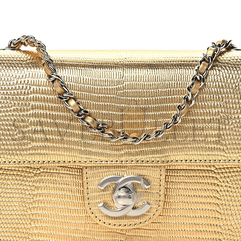 CHANEL MASTER METALLIC CALFSKIN LIZARD EMBOSSED SMALL EAST WEST FLAP GOLD (21.5*12*4cm)